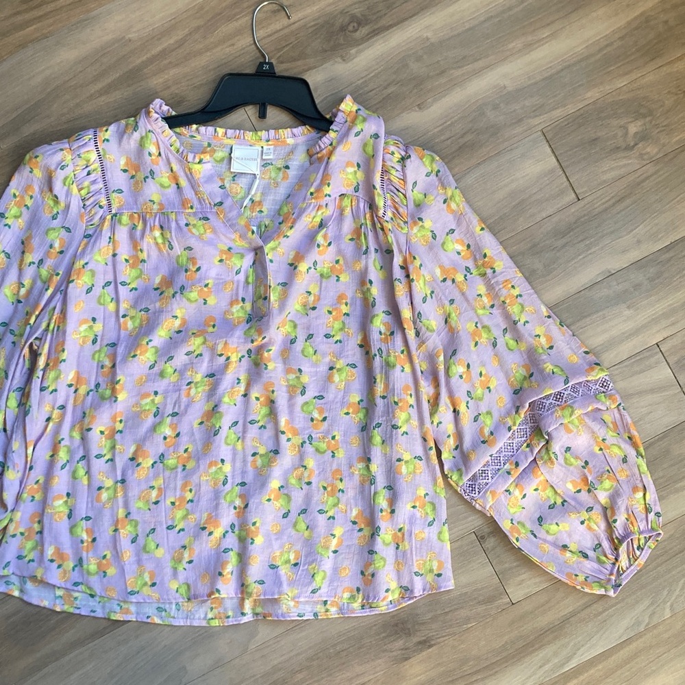 Zac & Rachel top boho lemon and fruit print crochet like details lavender 3X - Picture 4 of 17